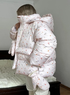 Printed Hooded Puffy Cotton Jacket Women Stand Collar Long