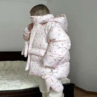 Printed Hooded Puffy Cotton Jacket Women Stand Collar Long