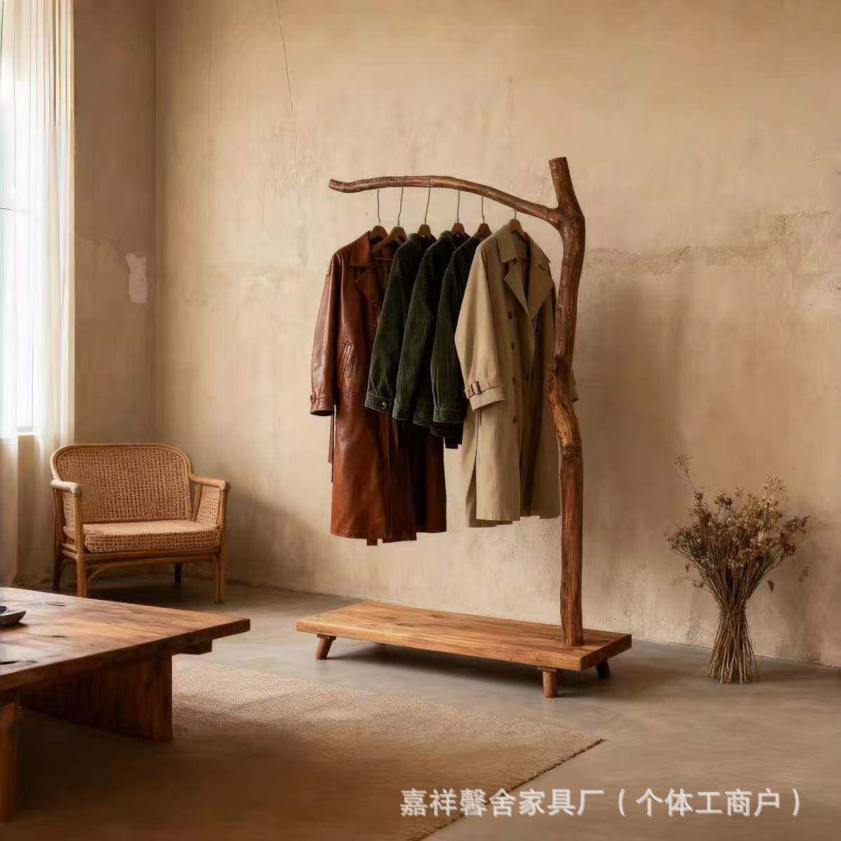 侘寂风老榆木衣帽架民宿服装店外套衣帽挂架树枝造型落地式挂衣架