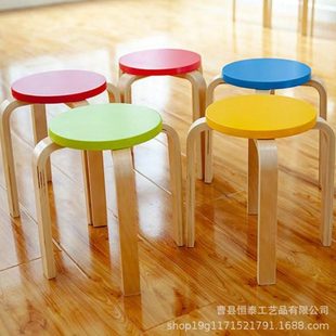 实木儿童课桌椅幼儿园美术班桌椅培训机构课桌椅可叠摞弯曲木圆凳