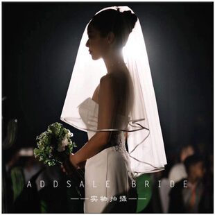 新款网红拍照头纱旅拍写真短款小头纱白色缎面包边新娘婚纱软头纱