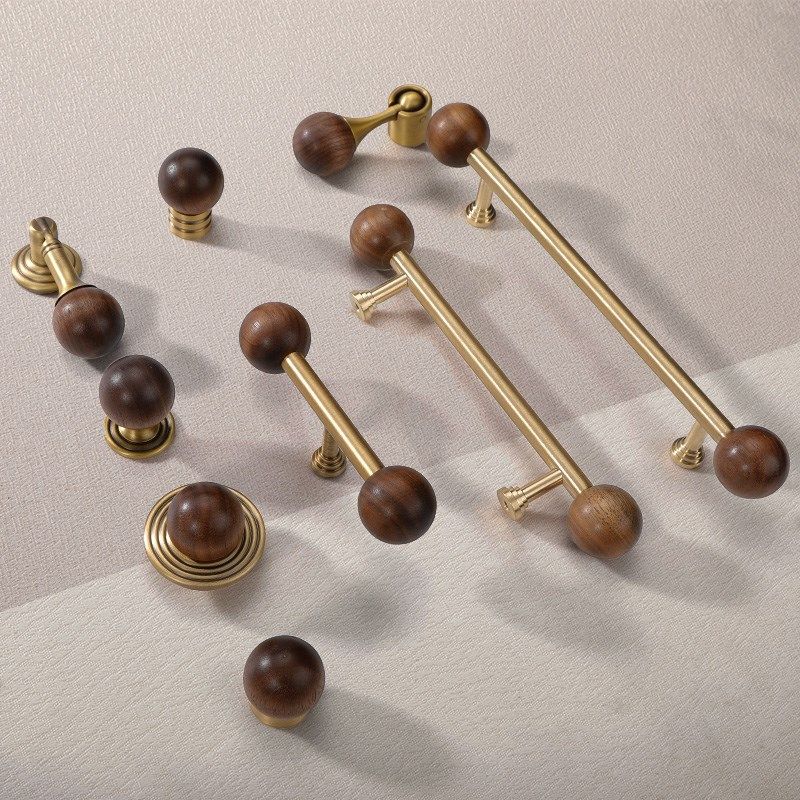 新中式儿童房原木单孔抽屉拉手圆球木质橱柜衣柜门黄铜实木把手