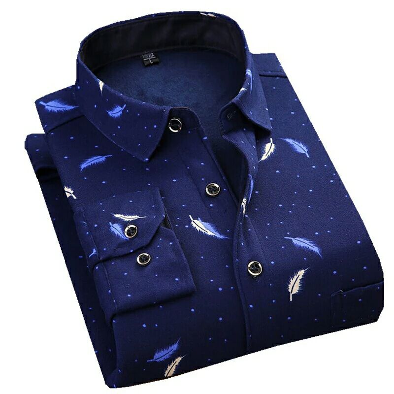 冬季中年爸爸装男式长袖加绒加厚保暖衬衫弹力一体绒休闲加绒衬衣