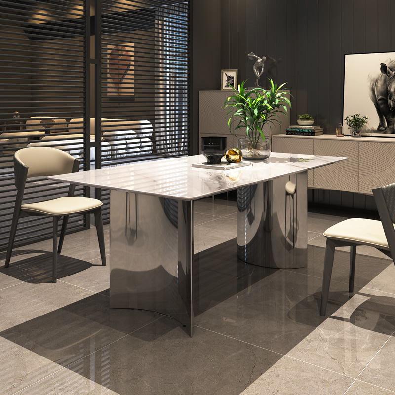 天然超晶石餐厅高端大理石意式小户型不锈钢长方形家用餐桌椅组合