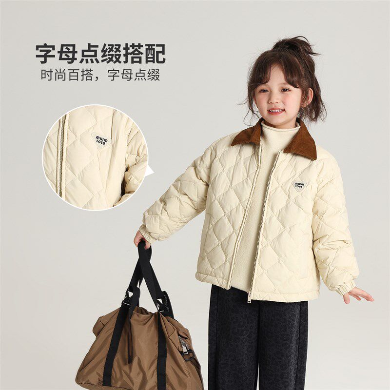 布丁哈鲁冬装女童保暖外套2024冬季新款儿童洋气轻薄翻领羽绒服
