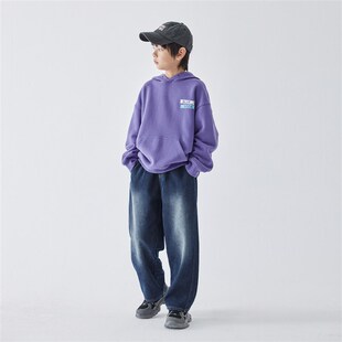 蓝汽水2024冬季新款暖绒牛仔裤男童加绒加厚休闲裤磨白复古蓝长裤