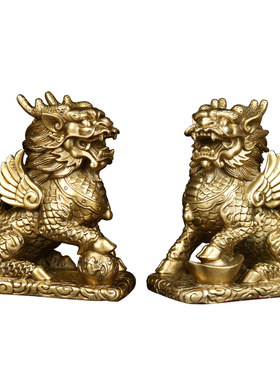 财富纯黄铜坐麒麟摆件客厅入户门玄关办公室桌子商铺收银台窗户放