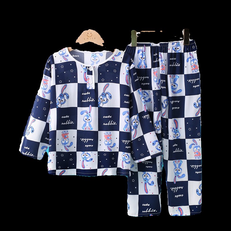 女童棉绸睡衣夏季儿童薄款长袖家居服女孩男童宝宝绵绸空调服套装