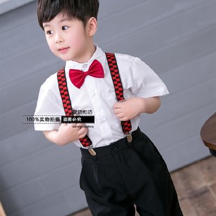 白色短袖 儿童礼服套装 衬衫 黑短裤 演出 西装 男童表演服背带西裤