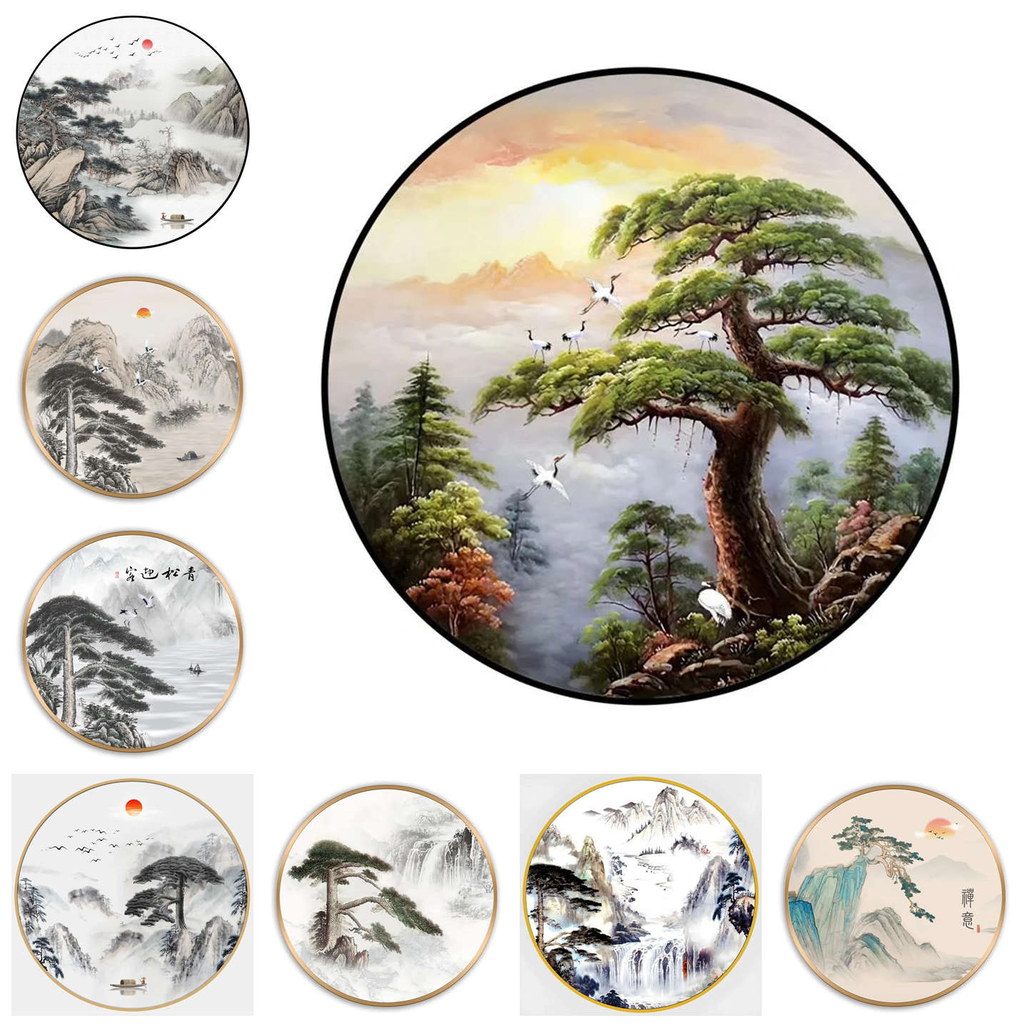 圆形山水风景画迎客松装饰画客厅新中式茶室书房圆形墙贴画自粘图片