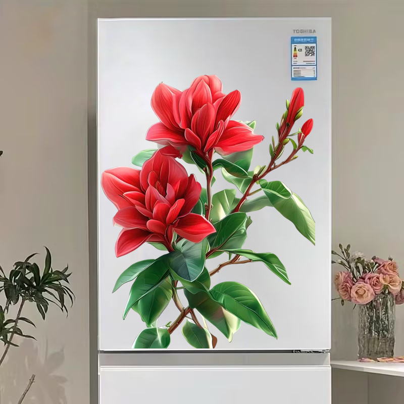 红色花卉冰箱贴纸防水贴花家居装饰墙贴DIY手绘风格贴画房间自粘
