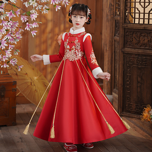 女童拜年服2023冬季新款新国风唐装古装儿童汉服洋装加绒过年装