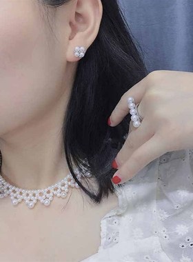 日系网红款珍珠时尚编织猫爪蕾丝淡水珍珠项链锁骨链颈链银搭扣