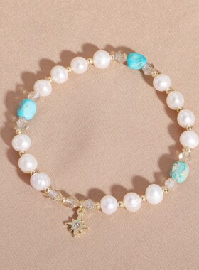 韩版网红设计简约感复古气质淡水珍珠绿松石双层手链女手串