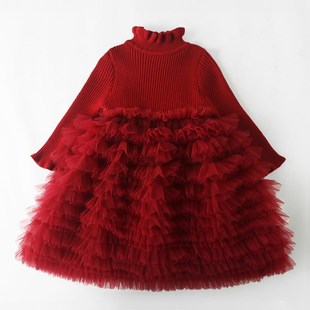 女童网纱蛋糕裙小女孩洋气公主裙2024秋冬装新款连衣裙儿童毛衣裙