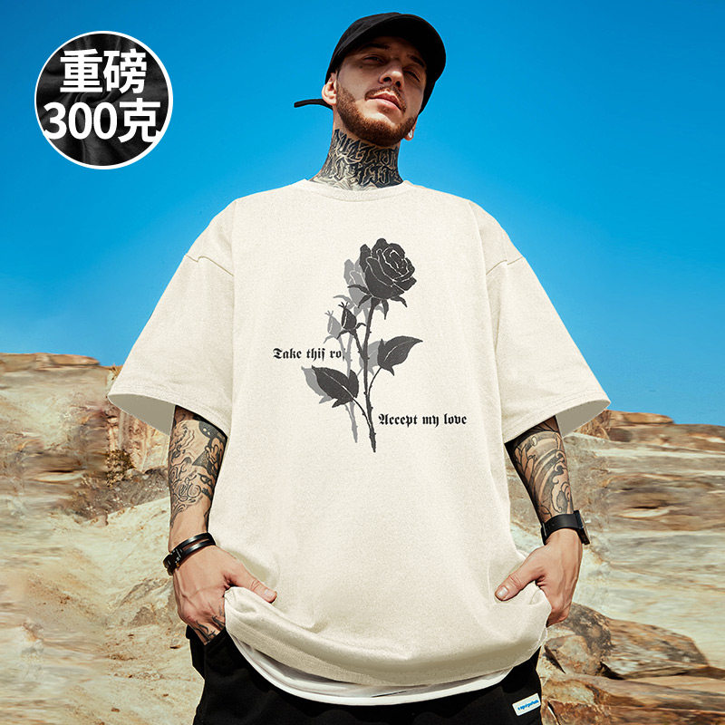 玫瑰花半袖重磅美式潮牌宽松T恤胖子短袖男加肥加大码男装夏季潮