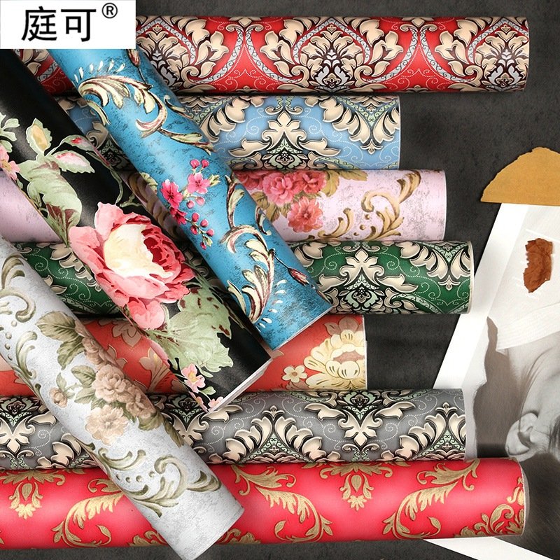 外贸货源自贴pvc防水墙纸复古欧式大花壁纸自粘3d墙布wall paper