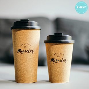 PHIPHY软木外皮咖啡杯带盖便携随行杯随手杯茶杯水杯带盖家用