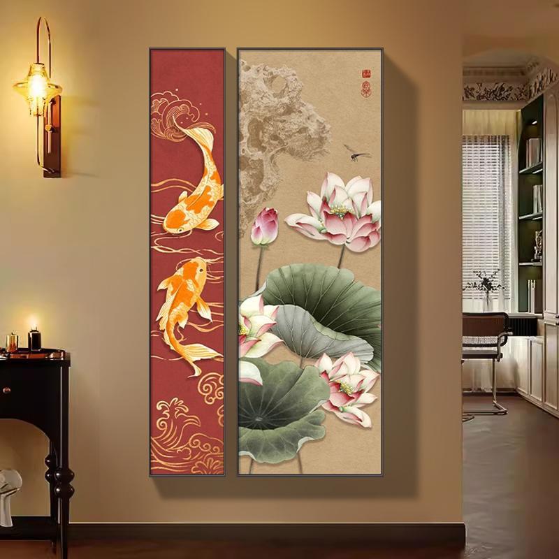 新中式入户玄关装饰画荷花高端大气走廊过道挂画锦鲤图组合二联画图片