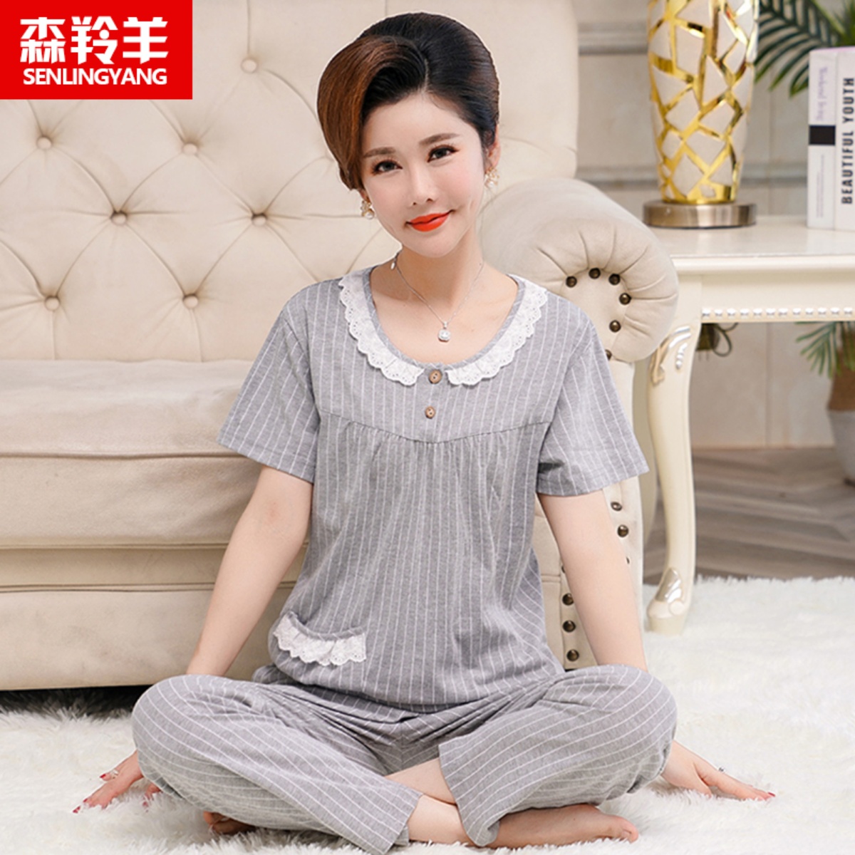 夏季女士睡衣纯棉短袖长裤宽松可外穿全棉中年妈妈薄款家居服套装