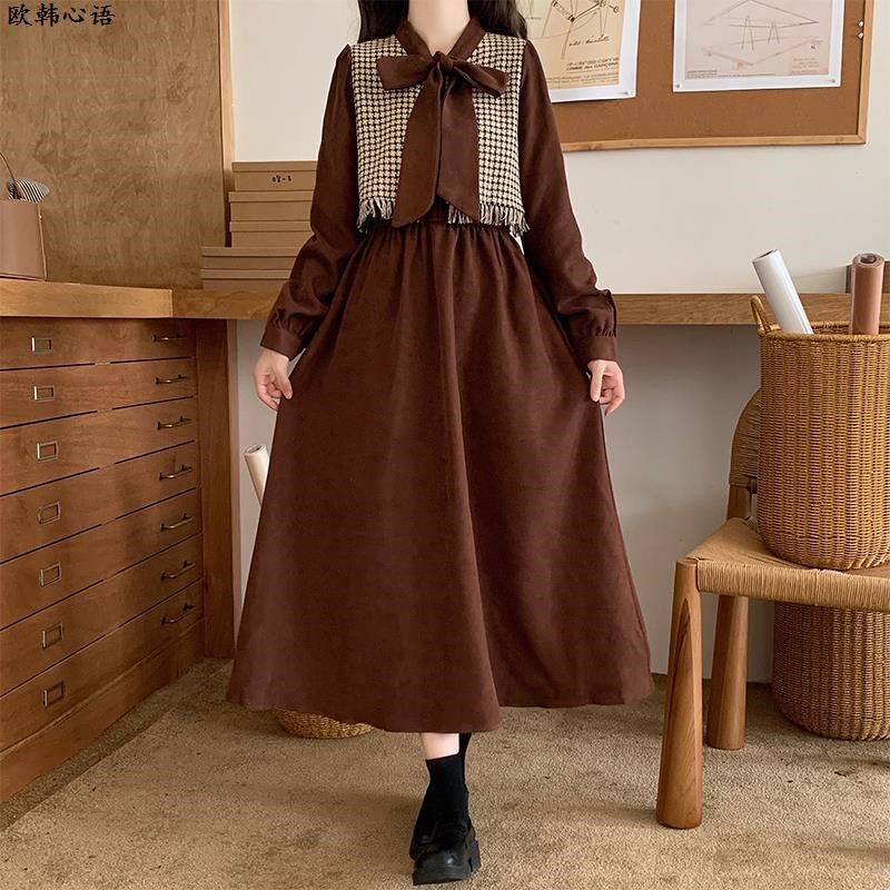 法式复古假两件马甲连衣裙少女秋冬装初高中N学生学院风打底长裙