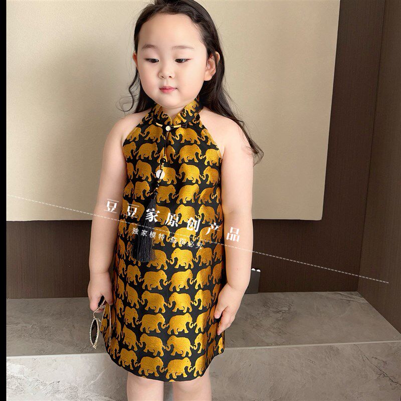 女童旗袍裙2025新款儿童中国风唐装女孩古装汉服连衣裙夏露肩