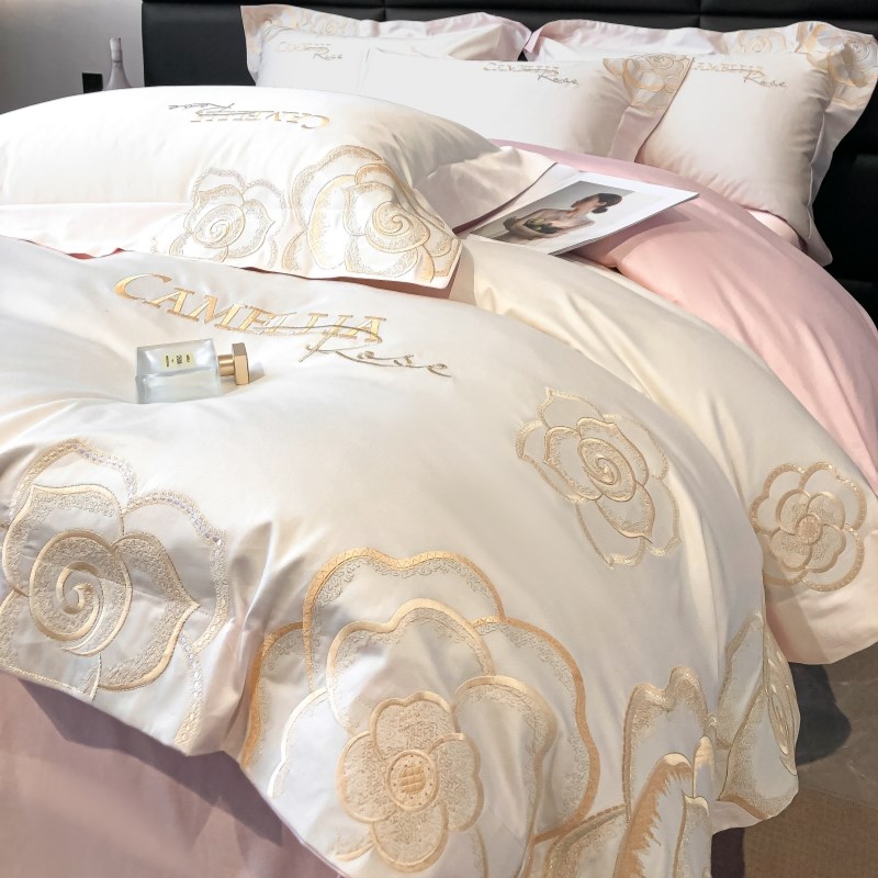 田园轻奢风刺绣长绒棉四件套纯棉全棉100高档床单被套1.8四季通用