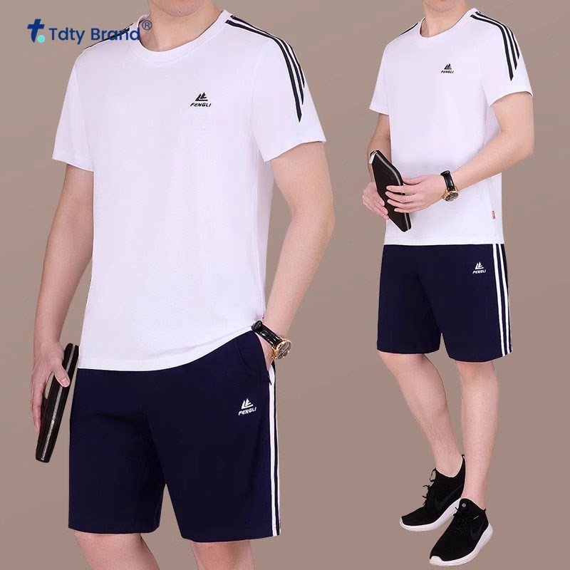 休闲运动套装男2025夏季新款夏装圆领短袖短裤V跑步休闲运动服