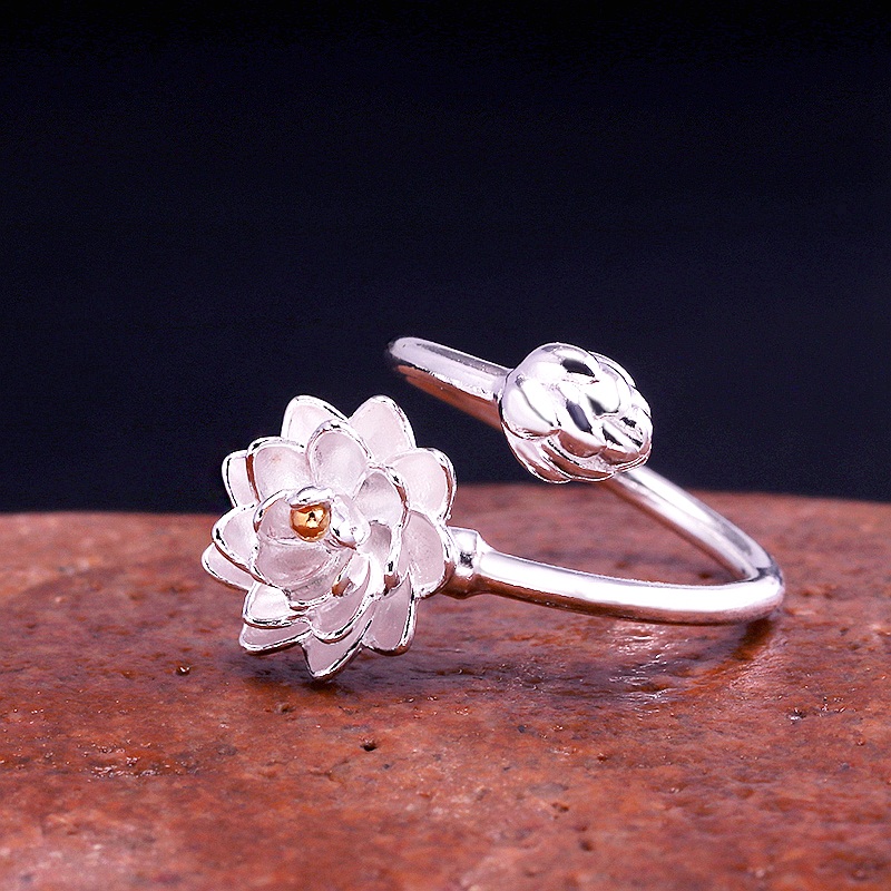 999纯银戒指女个性时尚文艺莲花朵中食指环开口可调节民族风手工