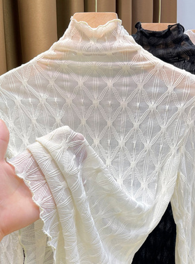 木耳边高领白色蕾丝小衫女202y4新款网纱打底衫女内搭长袖薄款纱