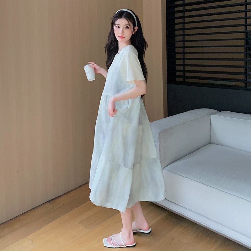 孕妇假两件拼接宽松大码晕染连衣裙女夏季新款高级孕妇装夏装裙子