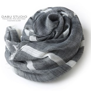 灰白纯素色性冷淡风亚麻棉麻围巾中性男女夏季 文艺条纹丝巾披巾