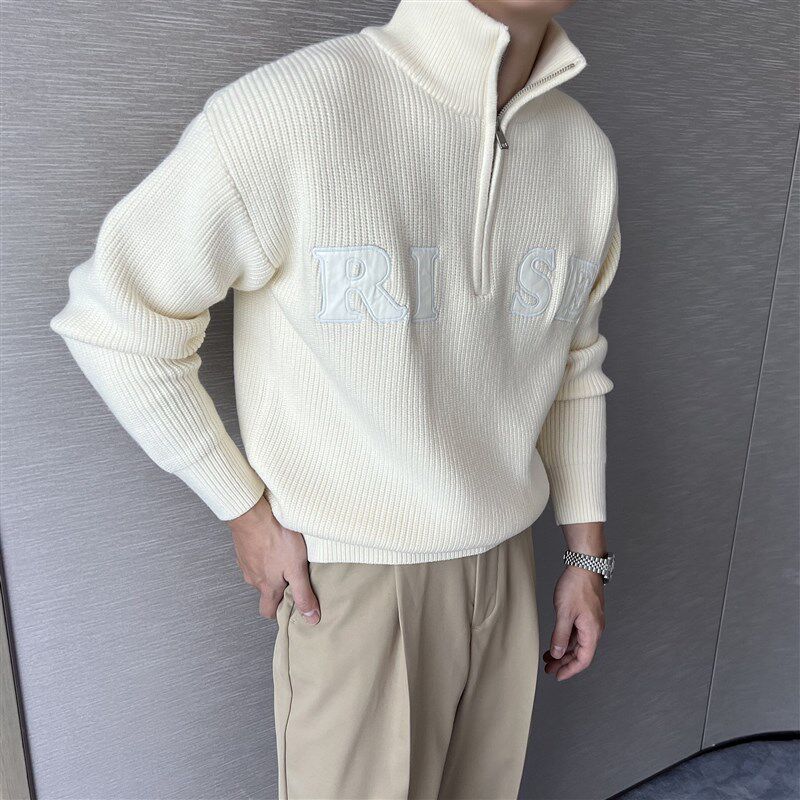 冬季半高领保暖毛衣男加厚休闲拉C链字母绣标针织衫韩版宽松毛衫