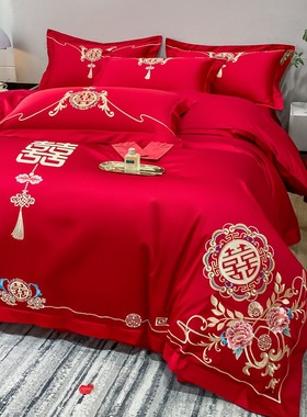 高档中式全棉结婚四件套大红色床单被套纯棉婚庆床上用品婚房喜被