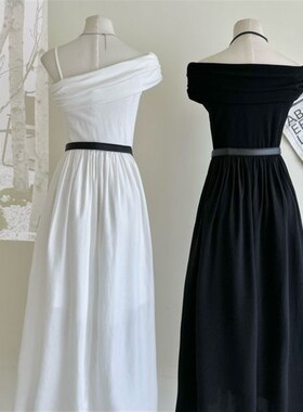 法式赫本风白色气质感高级感一字肩吊带连衣裙女收腰长裙