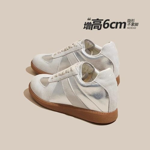 小个子内增高系带女鞋银色德训鞋2024春夏新款休闲真皮板鞋女款