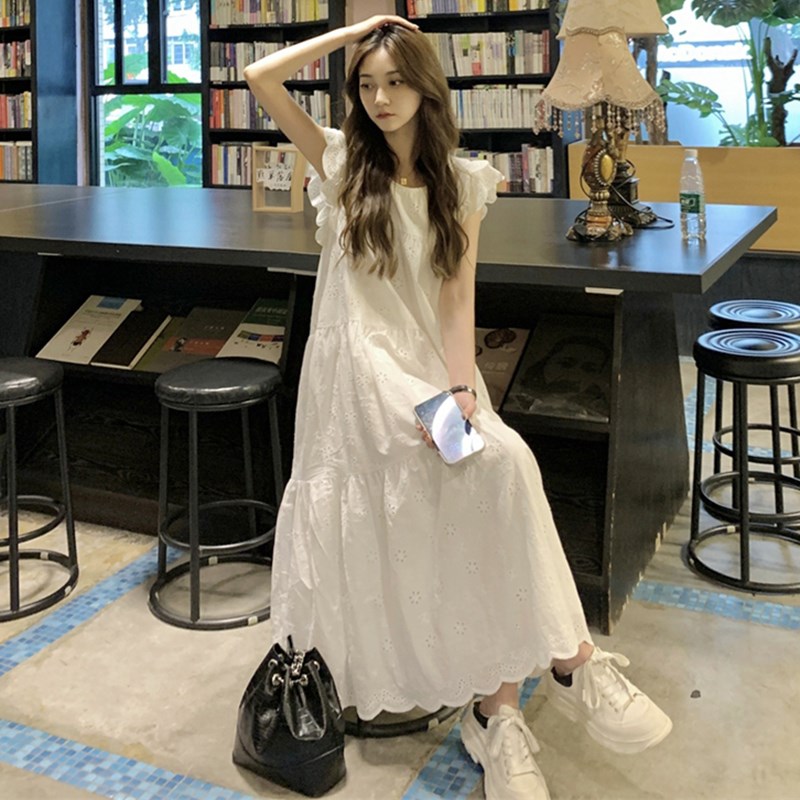 女大童小飞袖白色连衣裙夏装2025新款初中高中学生法式甜美长裙子