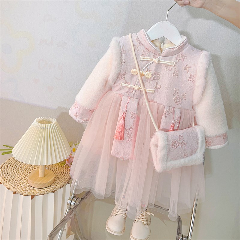 女童连衣裙儿童汉服唐装古装冬宝宝周岁礼服中国风加绒旗袍拜年服