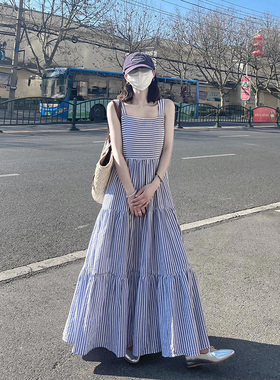 条纹无袖连衣裙女夏季2024法式条纹吊带宽松休闲海边度假仙女裙
