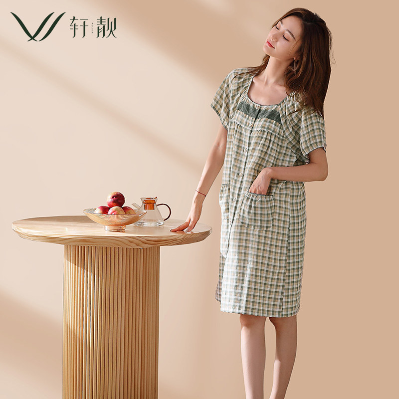 睡裙女士夏季薄款梭织纯棉短袖中裙夏天中年妈妈大码睡衣家居服