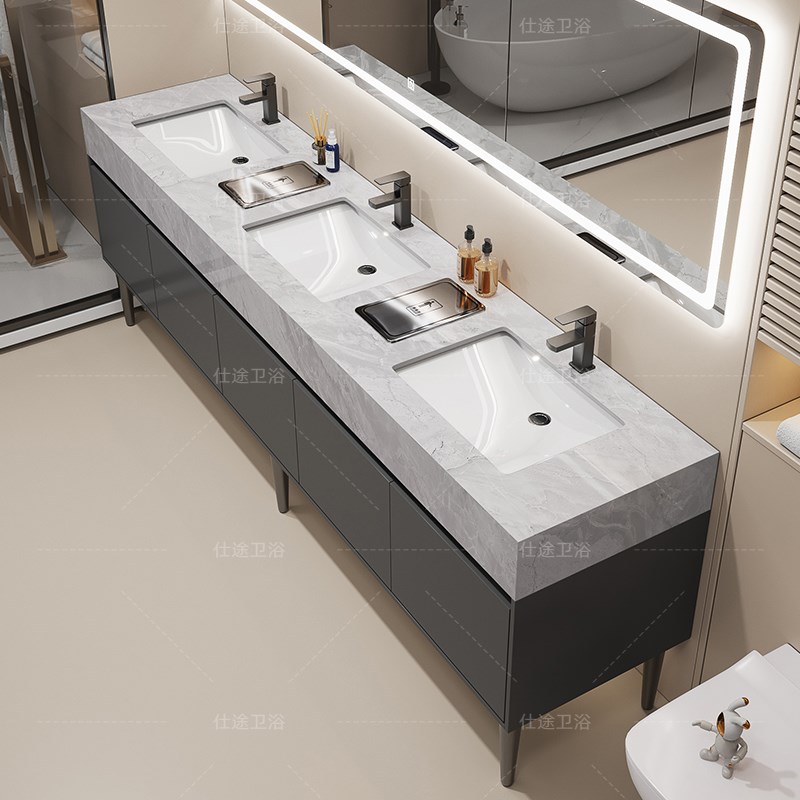 双盆大理石落地式浴室柜组合洗手盆公共卫生间洗漱洗脸台盆