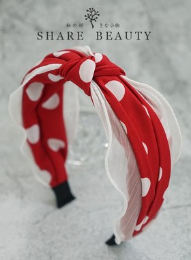 可爱米妮波点网纱布艺打结大头红色发箍女高级感洋气时尚宽边头箍