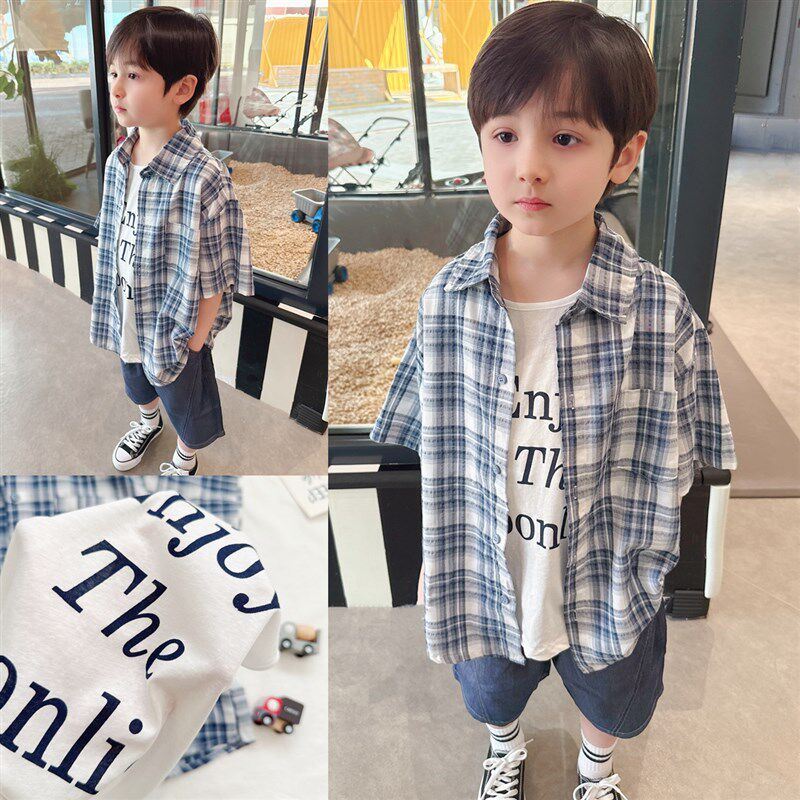 两件套~男童轻薄透气棉麻质感格子短袖衬衫2025夏季儿童韩版外套