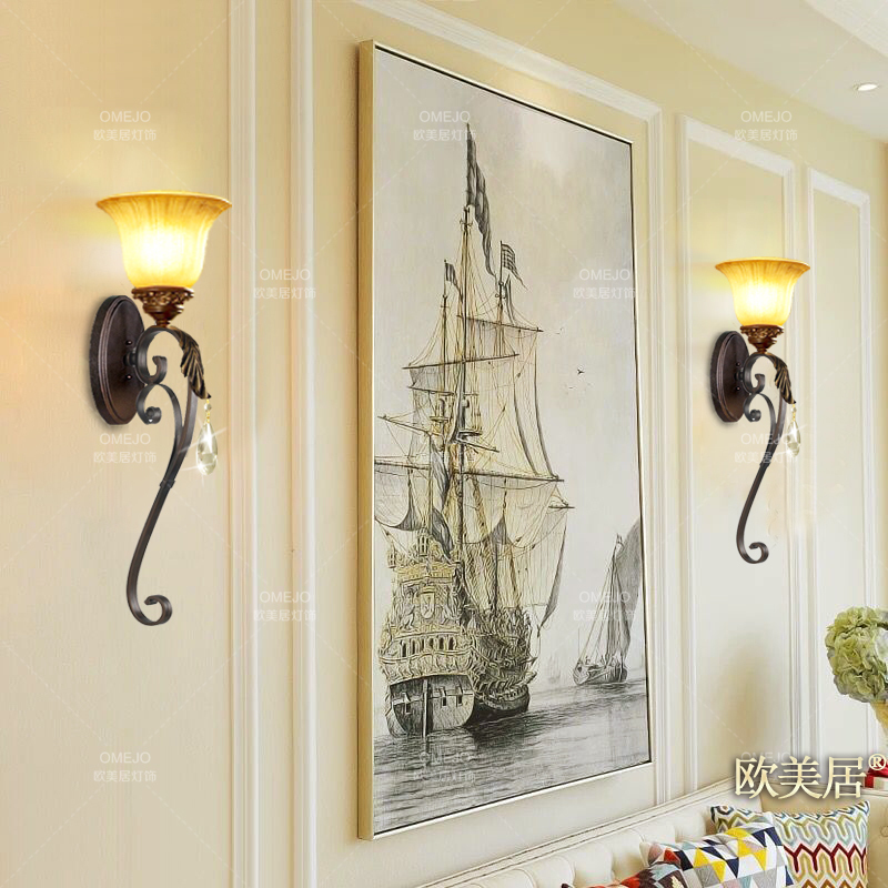 卧室床头长款壁灯美式简约客厅水晶楼梯过道背景墙铁艺灯三色变光