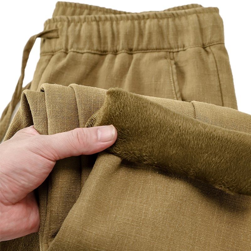 加绒直筒休闲裤男士冬季新款棉麻松紧腰保暖棉裤宽松加厚亚麻裤子