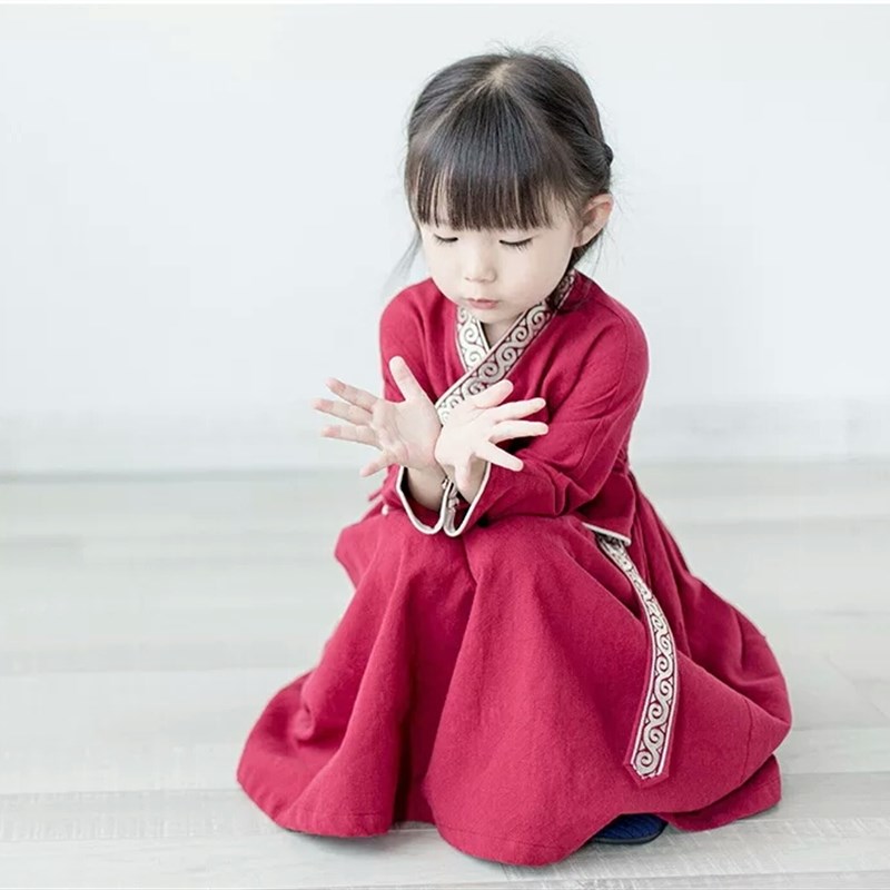 儿童汉服小女孩唐装棉麻春秋古装长袖幼儿宝宝红色套装女孩连衣裙