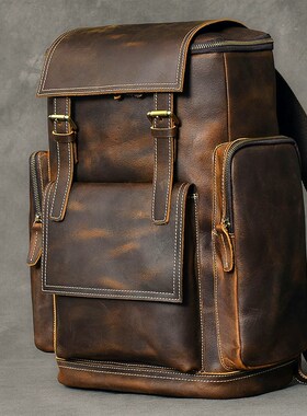 二十四街 复古疯马皮英伦风大容量男士双肩包牛皮怀旧旅行背包T18