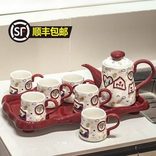 家用客厅喝水杯子待客茶壶茶杯茶具喜庆乔迁送礼 创意陶瓷水具套装