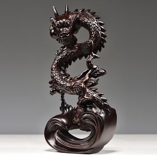 纯木龙黑檀木质盘龙吉祥物青龙年生肖实木雕刻木头补角工艺品