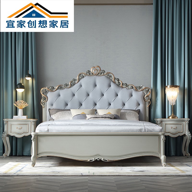 法式家具欧式实木雕花公床卧软包拉扣人床婚床米1.8米床